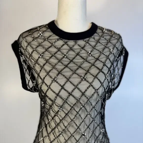 Free People Disco Nights Mesh Beaded Top Black Sheer Rhinestone Festival Unisex - Picture 10 of 16